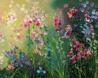 Field flower painting original oil painting on canvas 28 x 12 inches ( 70 x 30 cm ) romantic calming floral garden plant motifs green tones