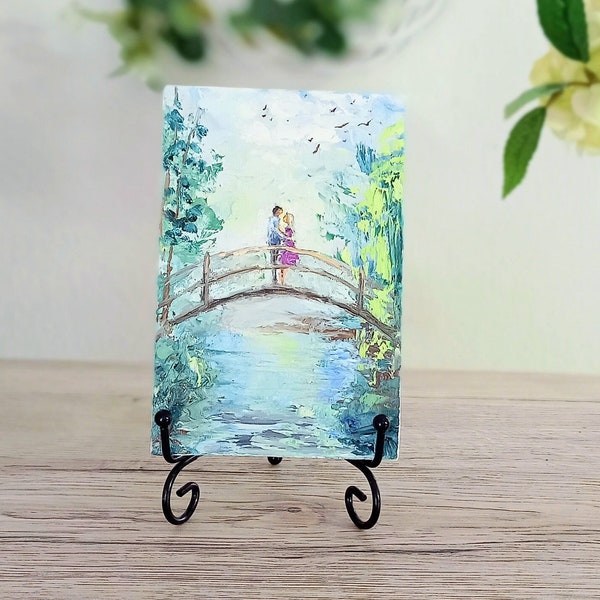Romantic painting mini original oil painting on cardboard on order 4 x 6 Inch ( 10 x 15 cm ) lovers on the bridge landscape calm colors