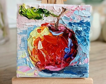 Obstmalerei mini original Ölmalerei auf Leinwand mit der kleinen Staffelei 3x3 Inch (7x7cm) Impasto Technik dicke Pinselstriche bunte Farben