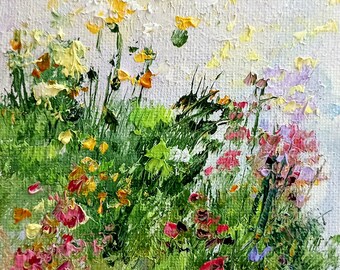 Flower painting mini original oil painting on cardboard 4 x 6 inch ( 10 x 15 cm ) abstract field flower landscape grasses thick brush strokes color green