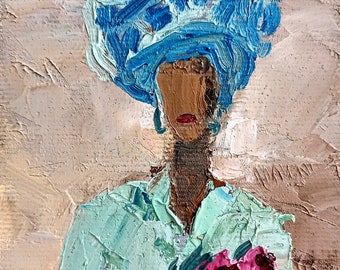 Frauenmalerei mini original Ölgemälde auf Leinwandgewebe 4x6 Inch 10x15 cm abstraktes Portrait starke Frau ruhige Farbe dicke Pinselstriche