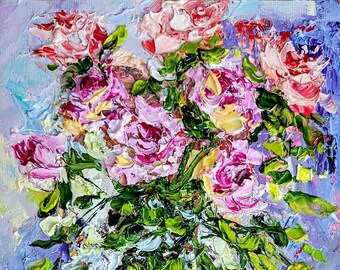 Rosenmalerei mini original Ölgemälde auf Leinwandgewebe 6x8 Inch 15x20 cm abstrakter Blumenstrauß in der Vase Impasto Technik Blaulilatöne