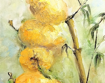 Zitronenmalerei mini original Ölgemälde 5x7 Inch ( 13x18 cm ) abstraktes Früchtemalerei Bambus dicke Pinselstriche Obst beruhigende Grüntöne