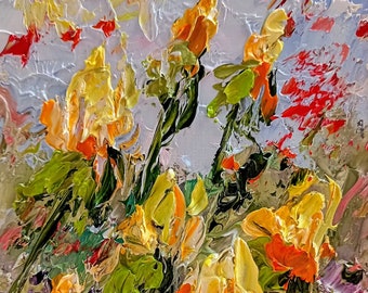 Löwenzahnmalerei mini original Ölgemälde 4x6 Inch ( 10x15 cm) abstrakte Blumen im Graß Impasto Technik dicke Pinselstriche Farben braun gelb