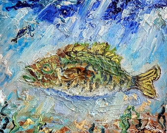 Fish painting mini original oil painting on cardboard 6 x 8 inches ( 15 x 20 cm ) abstract fish in water impasto thick brush strokes natural colors