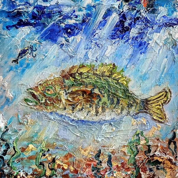Fischmalerei mini original Ölgemälde auf Karton 6x8 Inch ( 15x20 cm ) abstrakter Fisch im Wasser Impasto dicke Pinselstriche Naturfarben