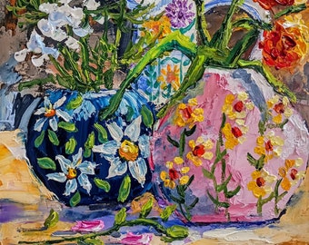 Vasenmalerei mini original Ölgemälde auf Karton 6x8 Inch ( 15x20 cm ) abstrakte bunte Flaschen mit Blumen Impasto ruhige Pastellfarben