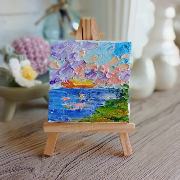 Seascape painting mini oil painting on canvas with easel 3 x 3 inches ( 7 x 7 cm ) abstract sunrise impasto calm pastel tones