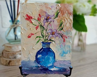 Flower painting mini original oil painting on cardboard 4 x 6 inch ( 10 x 15 cm) abstract delicate lilies thick brushstrokes calm colors blue white