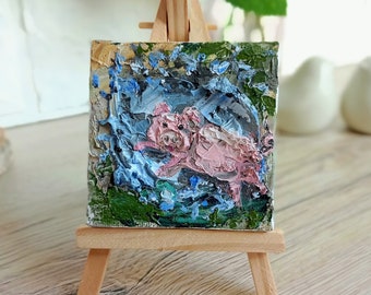 Farm animal painting mini original oil painting canvas with the small easel 3 x 3 inch ( 7 x 7 cm ) Impasto technique colorful thick brush strokes