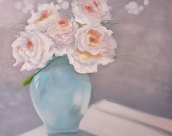 Pfingstrosenmalerei original Ölgemälde auf Leinwand 24x24 Inch ( 60x60 cm ) weißer Blumenstrauß  in der türkisene Vase ruhige Pastellfarben