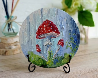 Mushroom painting mini original oil painting on cardboard around 6 inch (15 cm) abstract mushrooms in the forest impasto technique thick brushstrokes calm colors