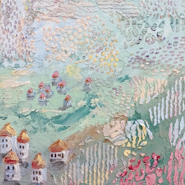 House painting mini original oil painting 6 x 6 inches (15 x 15 cm) abstract houses in the landscape thick brush strokes calm pastel colors green blue