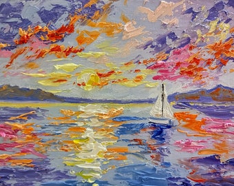 Sailboat painting mini original oil painting 5 x 7 inch ( 13 x 18 cm ) seascape sunset impasto thick brush strokes colorful colors