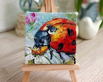 Ladybug painting mini oil painting on canvas with the small easel 3 x 3 inch (7 x 7 cm) cute insects flowers palette knife painting