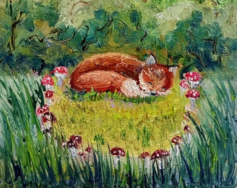 Fuchsmalerei mini original Ölgemälde auf Karton 6x6 Inch ( 15x15 cm) abstrakte süße niedliche Tiermotive dicke Pinselstriche ruhige Grüntöne