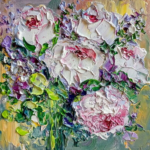 Blumenmalerei mini original Ölgemälde auf Karton auf Bestellung 8x8 Inch ( 20x20 cm ) abstrakte Pfingstrosen Impasto beruhigende Farben