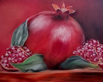 Granatapfelgemälde original Ölgemälde auf Leinwand 35x24 Inch ( 90x60 cm ) abstraktes Obstmalerei großes Früchtegemälde Essensbilder Rottöne