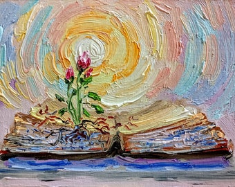 Book painting mini original oil painting on cardboard 6 x 4 inch ( 15 x 10 cm ) abstract books flowers thick brushstrokes calm colors pink blue