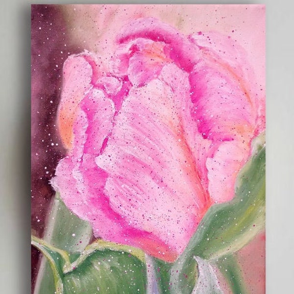 Tulip painting original oil painting on canvas 7 x 10 inches ( 18 x 24 cm ) abstract bouquet of flowers pastel tones colors soft pink light green