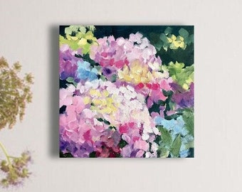 Flower painting mini original oil painting on canvas 6 x 6 inches ( 15 x 15 cm ) abstract vintage hydrangeas delicate colors thick strokes impasto art