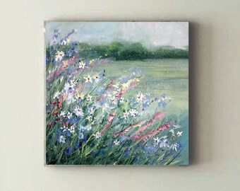 Flower landscape painting original oil painting on canvas 8 x 8 inches ( 20 x 20 cm ) abstract plant field calming pastel colors white pink