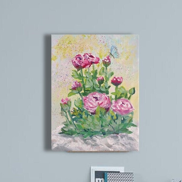Ranunculus painting original oil painting on canvas 7 x 10 inch ( 18 x 24 cm ) abstract bouquet of flowers with butterfly roses pastel pink tones