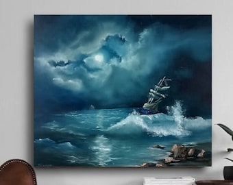 Seascape painting original oil painting on canvas 28 x 24 inches ( 70 x 60 cm ) night sky sea with moon ship in storm big waves