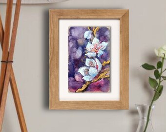 Blumenmalerei mini original Ölmalerei auf Leinwandgewebe 4x6 Inch (10x15 cm) abstrakter Ast am Blütenbaum zarte Farben beige blau lila weiß