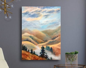 Landscape painting original oil painting 12 x 16 inches ( 30 x 40 cm ) abstract mountain nature landscape sky foggy fir trees in the national park