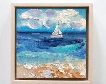 Sailboat painting mini original oil painting on cardboard made to order 5 x 5 inches (13 x 13 cm) seascape calm pastel colors ultramarine blue