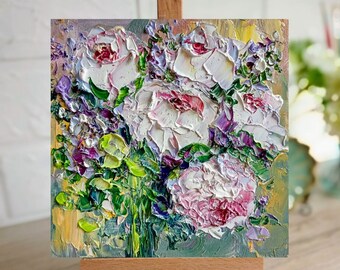 Blumenmalerei mini original Ölgemälde auf Karton auf Bestellung 8x8 Inch ( 20x20 cm ) abstrakte Pfingstrosen Impasto beruhigende Farben