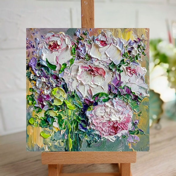 Blumenmalerei mini original Ölgemälde auf Karton auf Bestellung 8x8 Inch ( 20x20 cm ) abstrakte Pfingstrosen Impasto beruhigende Farben