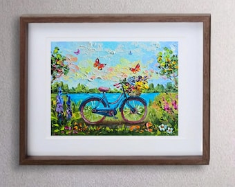 Romantic Bicycle Hand-Painted Original Oil Painting 8x6 Inch (20x15 cm) Flowers Landscape Optional With Frame Made To Order