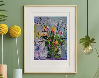 Blumenmalerei mini original Ölgemälde auf Karton 6x8 Inch ( 15x20 cm ) abstrakte Frühlingsblumen dicke Pinselstriche ruhige Farben Spachtel
