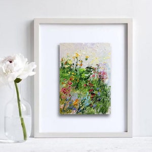 Flower painting mini original oil painting on cardboard 4 x 6 inch 10 x 15 cm abstract field flower landscape grasses thick brush strokes color green image 2