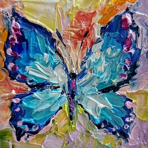 Butterfly painting mini original oil painting on canvas with the small easel 3 x 3 inch 7 x 7 cm abstract insect palette knife technique Blue