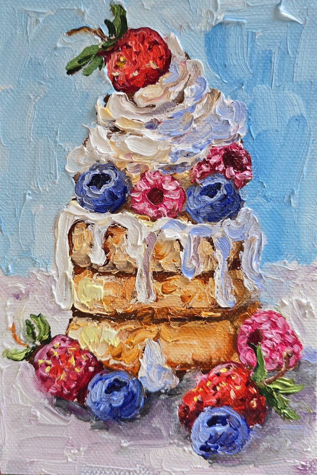 Pancake Oil Painting on Cardboard Scones With Whipped Cream Blueberries ...