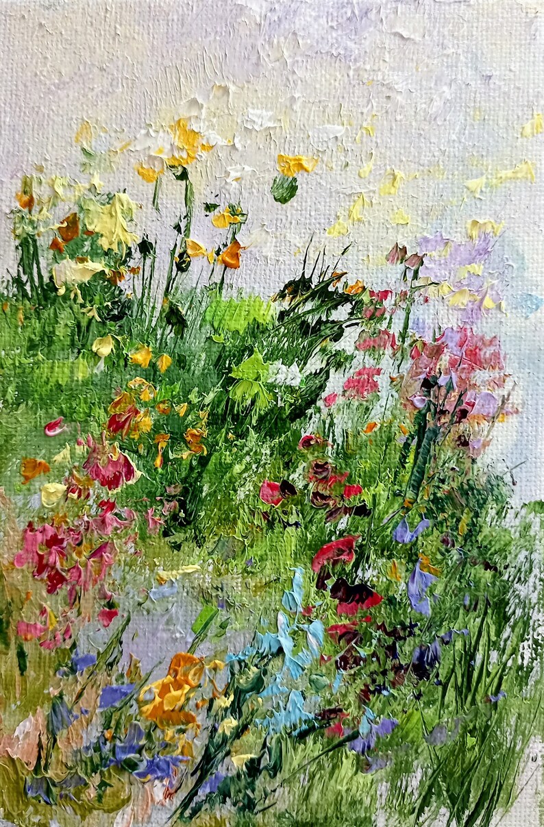 Flower painting mini original oil painting on cardboard 4 x 6 inch 10 x 15 cm abstract field flower landscape grasses thick brush strokes color green image 1