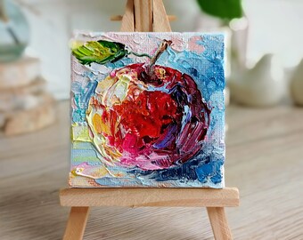 Obstmalerei mini original Ölmalerei auf Leinwand mit der kleinen Staffelei 3x3 Inch (7x7cm) Impasto Technik dicke Pinselstriche bunte Farben