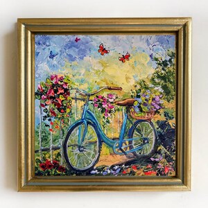 Fahrrad Malerei mini original Ölgemälde auf Karton 8x8 Inch 20x20 cm abstrakte Blumenfeld Schmetterlinge Romantikbilder Blautöne Bild 3