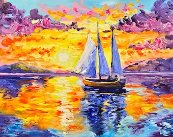 Segelboot handgemaltes Original Ölgemälde auf Malkarton Meer Landschaft Sonnenuntergang Auf Bestellung