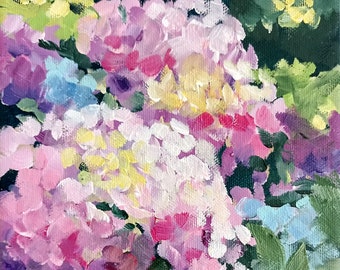 Blumengemälde mini original Ölgemälde auf Leinwand 6x6 Inch ( 15x15 cm ) abstrakte Vintage Hortensien zarte Farben dicke Striche Impasto Art