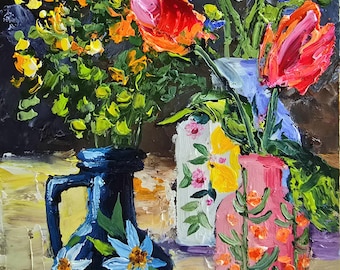 Vase Floral Painting Original Oil Painting On Cardboard Lemon Vase Art Tulip Still Life Pink Yellow Flowers Impasto Art Made to order