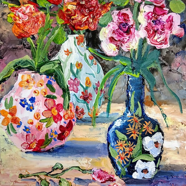 Vasenmalerei mini original Ölgemälde auf Karton 6x8 Inch ( 15x20 cm ) abstrakte bunte Flaschen mit Blumen Impasto ruhige Pastellfarben