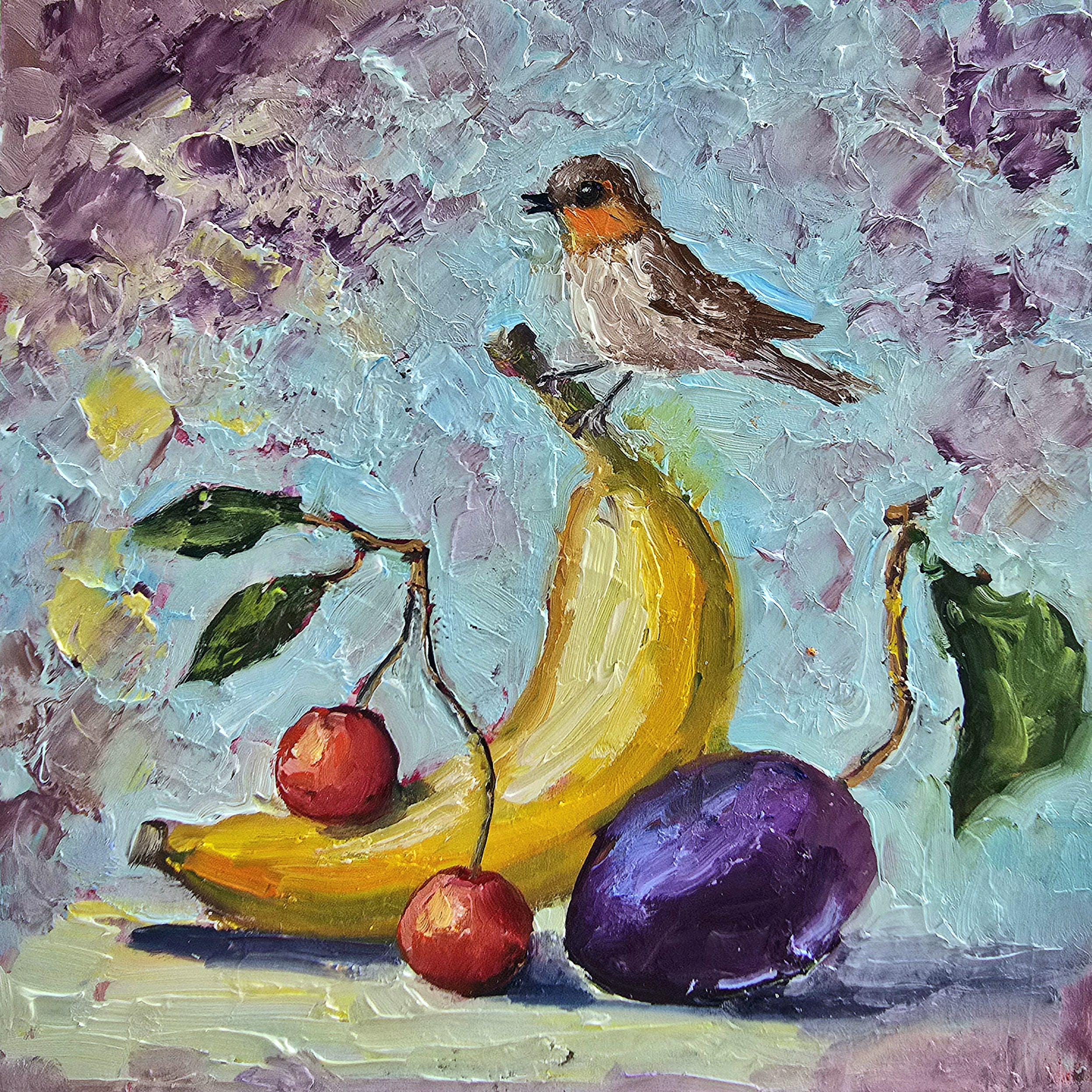 Oil Painting Fruits Art on Cardboard 8x8 Inch (20x20 Cm) Banana