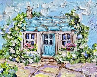 Cottage with Climbing Flowers Original Oil Painting Textured Impasto On Cardboard Farmhouse Landscape Made To Order