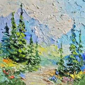 Rocky Mountain Landscape Original Oil Painting 8x8 Inch (20x20 cm) Textured Impasto Exclusive Alpine Meadow Art Abstract Trees Forest