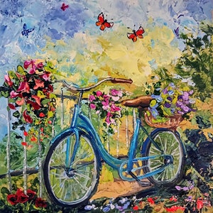Fahrrad Malerei mini original Ölgemälde auf Karton 8x8 Inch 20x20 cm abstrakte Blumenfeld Schmetterlinge Romantikbilder Blautöne Bild 5