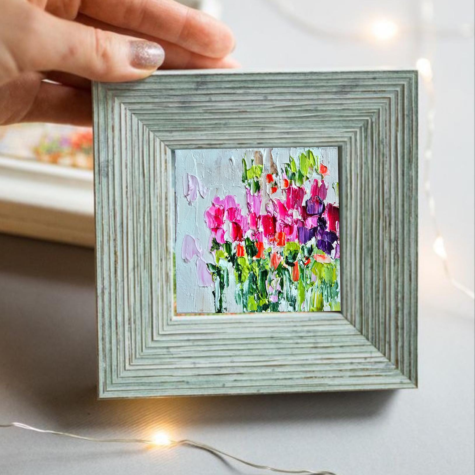 ピンクの花のオリジナル油絵キャンバス、小さなイーゼル付き 3 x 3